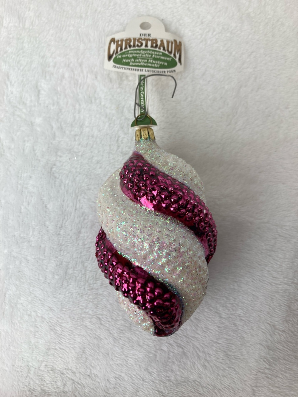 VTG Christbaum Blown Glass Hand Painted Ornament Purple & White Twist 4” Germany